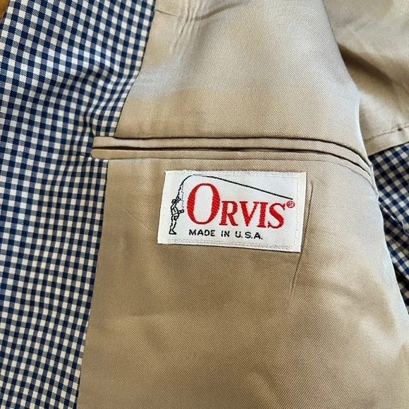 Vintage Orvis Gingham Check Blazer Mens 46R Navy Tan Sport Coat Union Made USA - Picture 12 of 16